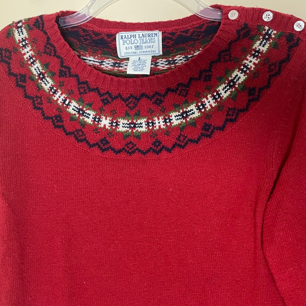 Vintage Ralph Lauren Polo Jeans Sweater Women's Large Red Fair Isle Angora Blend - Picture 3 of 10